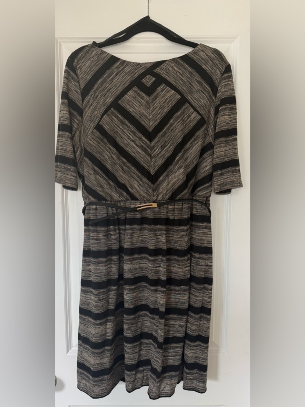 Luxology Black and Gray Striped Midi Dress with Belt Detail